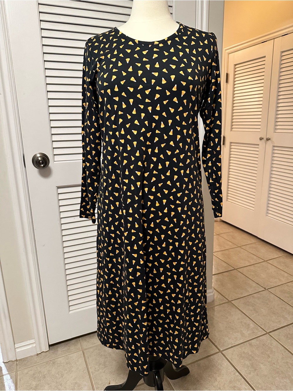 Lands' End Black Candy Corn Print Midi-Length  Long-Sleeve Dress